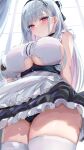  1girl absurdres apron azur_lane bare_shoulders black_panties blush breasts closed_mouth commentary_request dido_(azur_lane) from_below hair_ornament highres large_breasts long_hair looking_at_viewer looking_down lshiki panties pink_eyes sleeveless solo thighhighs thighs underwear white_apron white_hair white_thighhighs 