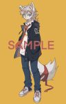  1boy black_jacket blonde_hair blue_pants dress_shirt furry furry_male highres itooku jacket looking_at_viewer necktie open_clothes open_jacket original pants ribbon sample_watermark shirt shoes tail tail_ornament tail_ribbon watermark white_footwear white_fur white_shirt wolf_boy 