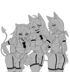  3girls animal_ears ass cerberus_(helltaker) demon demon_girl demon_tail dog_ears helltaker highres looking_at_viewer multiple_girls necktie norma1_people shirt tail thighhighs tongue tongue_out triplets vest white_background 