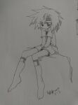 1other androgynous arms_between_legs chinese_text graphite_(medium) greyscale headband highres jacket kurohebi legwear_garter len&#039;en ling_s monochrome no_nose open_clothes open_jacket other_focus shirt short_hair simple_background sketch socks traditional_media translation_request white_background 