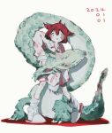  1girl 2024 animal closed_mouth dated dragon endo_hazuki fang fang_out highres long_sleeves original red_hair short_hair sleeves_past_wrists slippers smile socks solo standing 