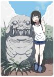  1girl aaa_(unkounkounko712) absurdres black_hair blue_sky closed_eyes cloud crocs grass highres open_mouth original shirt short_shorts shorts sky standing statue t-shirt v 