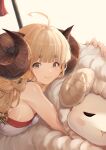  1girl ahoge anila_(granblue_fantasy) beruu blonde_hair blunt_bangs blush breast_press breasts closed_mouth curled_horns curly_hair draph dress fingernails from_side granblue_fantasy highres horns hug huge_horns large_breasts long_hair looking_at_viewer polearm sheep sheep_horns sidelocks smile spear strapless strapless_dress tassel thick_eyebrows upper_body weapon white_dress yellow_eyes 