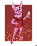 2024 anthro barefoot bat breasts choker clothing confetti digital_media_(artwork) digitigrade feet female foxboy83 fur hair hi_res holding_champagne_glass horn jewelry kullax looking_aside mammal necklace pink_body pink_eyes pink_fur pink_hair red_clothing simple_background smile solo standing tail