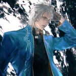  1boy bishounen black_gloves blue_coat blue_eyes blue_saden closed_mouth coat devil_may_cry_(series) devil_may_cry_3 fingerless_gloves gloves hair_slicked_back highres male_focus solo vergil_(devil_may_cry) white_hair 