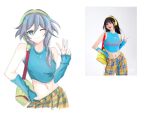  1girl bare_shoulders belly blue_eyes blue_gloves blue_hair blue_shirt closed_mouth dnh260 elbow_gloves fingerless_gloves fu_hua gloves green_bag green_headwear grey_hair hair_between_eyes honkai_(series) honkai_impact_3rd long_hair low-tied_long_hair low_ponytail one_eye_closed pants ponytail shirt simple_background sleeveless smile solo upper_body white_background yellow_pants 
