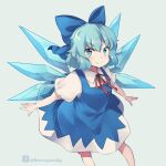  &gt;:) 1girl blue_bow blue_dress blue_eyes blue_hair blue_wings bow cirno closed_mouth collared_shirt detached_wings dress feet_out_of_frame grey_background hair_between_eyes hair_bow ice ice_wings kuromiya looking_at_viewer neck_ribbon one-hour_drawing_challenge puffy_short_sleeves puffy_sleeves red_ribbon ribbon shirt short_sleeves simple_background sleeveless sleeveless_dress smile solo standing touhou twitter_username v-shaped_eyebrows white_shirt wings 