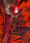  1girl befe black_bodysuit bodysuit cape chain chair collared_cape family_crest fate/grand_order fate_(series) full_body hair_over_one_eye hand_on_own_cheek hand_on_own_face highres looking_down medallion oda_nobunaga_(fate) oda_nobunaga_(maou_avenger)_(fate) oda_uri on_chair parted_lips popped_collar red_background red_cape red_eyes red_hair red_theme sitting smirk solo tight_top 