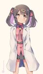  1girl black_hair black_skirt bow brown_background brown_eyes closed_mouth collared_shirt dress_shirt hair_bow hair_ornament hairclip hands_in_pockets kuromiya lab_coat multicolored_hair one-hour_drawing_challenge onii-chan_wa_oshimai! open_clothes oyama_mihari pleated_skirt purple_hair red_bow red_shirt shirt sidelocks simple_background skirt smile solo standing twitter_username two-tone_hair 