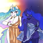  absurd_res anthro anthrofied areola big_breasts blue_body blue_hair blush breasts cleavage clothed clothing clothing_lift currentlytr_ash dress dress_lift duo ear_piercing ear_ring equid equine female friendship_is_magic genitals hair hi_res horn legwear mammal multicolored_hair my_little_pony nipple_outline nipples no_underwear piercing princess_celestia_(mlp) princess_luna_(mlp) pussy sibling sister sisters thigh_highs white_body winged_unicorn wings 