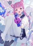  1girl :d ahoge animal_ear_fluff animal_ears blue_choker blue_hair blue_nails blue_sailor_collar blue_skirt blunt_bangs blush braid cat_ears chair choker colored_inner_hair frilled_sailor_collar frills full_body gaming_chair gun hand_on_own_knee highres holding holding_gun holding_weapon hololive indoors jacket legs_up long_hair long_sleeves looking_at_viewer mei_am0 minato_aqua minato_aqua_(sailor) miniskirt multicolored_hair neko_(minato_aqua) official_alternate_costume on_chair open_clothes open_jacket open_mouth outstretched_arm pantyhose pink_eyes pink_hair pleated_skirt ribbon_choker sailor_collar sitting skirt slippers smile solo streaked_hair swivel_chair twin_braids twintails two-tone_hair virtual_youtuber weapon white_jacket white_pantyhose 