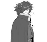  1boy closed_mouth dog fate/grand_order fate_(series) greyscale hair_over_one_eye haori japanese_clothes kimono koha-ace looking_at_viewer male_focus medium_hair monochrome okada_izou_(fate) one_eye_covered ponytail scarf simple_background solo upper_body white_background yuta_arata 