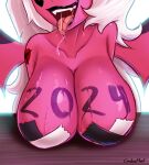 2024 big_breasts black_lipstick bodily_fluids breast_rest breasts carbonfloof cleavage clothed clothing demon demon_humanoid drooling faceless female hair helluva_boss hi_res huge_breasts humanoid lipstick makeup markings open_mouth pasties pink_body pink_skin saliva saliva_on_tongue saliva_string shaded small_wings smile solo succubus sweat sweatdrop sweaty_breasts tattoo tongue tongue_out verosika_mayday_(helluva_boss) white_hair wings
