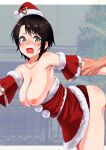  1boy 1girl aqua_eyes arm_held_back ass black_hair blush breasts christmas collarbone dress fur-trimmed_dress fur-trimmed_headwear fur_trim hat hetero highres hololive implied_sex large_breasts looking_at_viewer nipples oozora_subaru open_mouth out-of-frame_censoring red_dress red_headwear santa_dress santa_hat sex sex_from_behind short_hair solo_focus split standing standing_on_one_leg standing_split sweat swept_bangs vaginal virtual_youtuber zabudog777 
