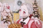  1girl 1other alternate_costume backpack bag boku_no_hero_academia bow braid child christmas_ornaments christmas_tree dress eri_(boku_no_hero_academia) fireplace food gift grey_hair hair_bow highres holding holding_plate horns indoors long_hair oru_2ji pie plate red_bow red_dress red_eyes single_horn solo_focus stuffed_animal stuffed_toy wreath 