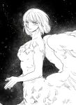  1girl blush body_fur chimera dungeon_meshi falin_thorden feathered_wings floating_hair from_side greyscale korean_commentary leeppyang long_sleeves looking_at_viewer looking_to_the_side monochrome monster_girl nude own_hands_together short_hair smile solo spoilers taur upper_body wings 