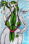 2023 anthro areola bikini blush blush_lines breasts claws clothing colored_fire dialogue domizoni dragon female fire gesture green_areola green_body green_claws green_fire green_scales green_spikes hi_res horn horn_jewelry horn_ring jewelry marker_(artwork) middle_finger nipple_piercing nipple_ring nipples piercing queen_lilith_(domizoni) red_bikini red_clothing red_swimwear ring_(jewelry) ring_piercing scales sling_bikini solo swimwear text thick_thighs traditional_media_(artwork) wide_hips