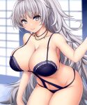  1girl asamura_hiori azur_lane bangs bare_arms bare_shoulders black_swimsuit blush breasts casual_one-piece_swimsuit cleavage closed_mouth collarbone eyebrows_visible_through_hair hand_up highres jewelry large_breasts leaning_forward long_hair looking_at_viewer navel necklace one-piece_swimsuit ponytail silver_eyes silver_hair smile solo swimsuit thighs very_long_hair vittorio_veneto_(azur_lane) vittorio_veneto_(the_flower_of_la_spezia)_(azur_lane) 