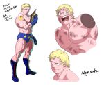  abs bandaid bandaid_on_face bandaid_on_forehead bara blonde_hair bulge collage cropped_arms cropped_head dirty dirty_face full_body highres kinnikuman large_pectorals male_focus muscular muscular_male nagasaku_tomokatsu pectorals shiny_skin short_hair terryman translation_request uneven_eyes wrestler wrestling_outfit 