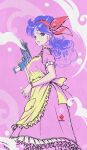  1girl apron bow_hairband breasts curly_hair dragon_ball dragon_ball_(classic) dress finger_on_trigger frilled_apron frilled_dress frills gun hairband highres holding holding_gun holding_weapon imi_uzi kanchiyo long_hair looking_at_viewer looking_back lunch_(dragon_ball) lunch_(good)_(dragon_ball) medium_breasts pinky_out purple_eyes purple_hair red_hairband smoke smoking_gun solo submachine_gun weapon wrist_straps 