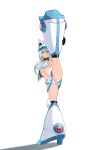  1girl absurdres android ass blue_eyes blue_hair breasts flexible goggles goggles_on_head highres ico_(megaman_x_dive) leg_lift leg_up looking_at_viewer medium_breasts mega_man_(series) mega_man_x_(series) mega_man_x_dive mixed-language_commentary navel popo_(popo0cat) robot_ears simple_background solo split standing standing_on_one_leg standing_split swimsuit white_background 