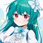  1girl blue_bow blush bow cloudylalala green_hair looking_at_viewer magia_azul magical_girl mahou_shoujo_ni_akogarete minakami_sayo puffy_sleeves red_eyes shirt solo white_shirt 