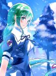  1girl aqua_eyes arm_at_side assault_lily black_ribbon black_skirt blue_sky blunt_bangs blurry blurry_background blush breasts buttons closed_mouth cloud commentary_request cropped_jacket day emblem floating_hair green_hair hair_ribbon hairband hasebe_touka highres kikikaikai_(kikikaikai_chan) large_breasts light_particles light_smile long_hair looking_at_viewer low-tied_long_hair neck_ribbon outdoors pleated_skirt puffy_short_sleeves puffy_sleeves red_ribbon ribbon school_uniform shirt short_sleeves sidelocks skirt sky solo standing tree underbust very_long_hair white_hairband white_shirt yurigaoka_girls_academy_school_uniform 