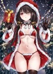  1girl asle ass_visible_through_thighs bikini black_gloves black_hair black_thighhighs blurry blurry_background box breasts christmas christmas_lights christmas_tree clock_eyes coat commentary_request date_a_live fur-trimmed_bikini fur-trimmed_coat fur_collar fur_trim gift gift_box gloves hair_between_eyes hands_up heterochromia highres holding holding_gift hood hood_up hooded_coat long_hair looking_at_viewer low_twintails medium_breasts navel night open_mouth pom_pom_(clothes) red_coat red_eyes red_gloves santa_bikini side-tie_bikini_bottom snowing solo swimsuit symbol-shaped_pupils thighhighs tokisaki_kurumi twintails yellow_eyes 