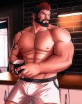  1boy abs absurdres bara beard black_hair bulge cup facial_hair final_fantasy final_fantasy_xiv frown full_beard highres large_pectorals looking_at_viewer male_focus mature_male mismatched_beard mug multicolored_hair muscular muscular_male nipples pectorals red_hair roegadyn short_hair short_shorts shorts solo spiked_hair strongman_waist thick_beard thick_eyebrows topless_male two-tone_hair warrior_of_light_(ff14) zunzunhu 