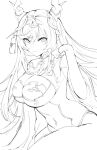  1girl breast_cutout breasts cleavage cleavage_cutout clothing_cutout dragon_girl dragon_horns draph dress granblue_fantasy hair_ornament highres horn_ornament horns large_breasts leotard lineart long_hair looking_at_viewer mole mole_under_mouth navel navel_cutout payila_(granblue_fantasy) pdbgat pelvic_curtain pointy_ears see-through see-through_dress solo stomach_cutout tassel tassel_hair_ornament thick_thighs thighs very_long_hair white_background 