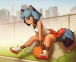  2021 anthro ball basketball_(ball) basketball_court bottomwear brand_new_animal canid canine city clothing female fence footwear hi_res jacket looking_at_viewer mammal michiru_kagemori netflix ohemo plantigrade raccoon_dog shirt shoes shorts smile solo studio_trigger tank_top tanuki topwear 