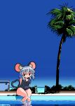  1girl absurdres animal_ears arms_behind_back blue_hair blue_one-piece_swimsuit blue_sky blush breasts heart heart_tail highres horizon kasuya_baian ligne_claire medium_breasts medium_hair mouse_ears mouse_girl mouse_tail nazrin ocean old_school_swimsuit one-piece_swimsuit palm_tree pool red_eyes reflection reflective_water school_swimsuit sidelocks sideways_glance sky soaking_feet swimsuit tail touhou tree 