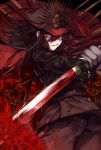  1girl black_hair family_crest fate/grand_order fate_(series) flower gloves hair_between_eyes hat highres holding holding_sword holding_weapon katana long_sleeves looking_at_viewer military_hat military_uniform oda_nobunaga_(fate) oda_uri parted_lips peaked_cap red_eyes red_theme smirk solo spider_lily standing sword tsukigumo_haori uniform weapon 