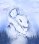  absurd_res ambiguous_gender blue_eyes blue_sclera blurred_background dragon feral fur furred_dragon hi_res markings_(fur) mountain paws snoiifoxxo solo whiskers white_body white_fur 