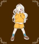 1girl ;d alternate_costume apple_hair_ornament blue_socks boku_no_hero_academia brown_background brown_footwear child eri_(boku_no_hero_academia) food-themed_hair_ornament grey_hair hair_ornament hands_up highres horns long_hair looking_at_viewer one_eye_closed open_mouth oru_2ji red_eyes shirt shorts single_horn smile socks solo sweater white_shirt yellow_shorts yellow_sweater 