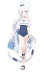  1girl 2t_(vmyz7342) absurdres ass_visible_through_thighs bag bare_legs bare_shoulders blue_archive blue_halo blue_one-piece_swimsuit blush bow chinese_commentary collarbone commentary_request covered_navel feet frilled_one-piece_swimsuit frills full_body hair_between_eyes hair_bow halo high_ponytail highres holding holding_bag holding_sweater impossible_clothes impossible_swimsuit innertube legs long_hair looking_at_viewer miyako_(blue_archive) miyako_(swimsuit)_(blue_archive) official_alternate_costume one-piece_swimsuit ponytail purple_eyes ribbon sandals simple_background smile solo standing swim_ring swimsuit toenails toes transparent_bag very_long_hair white_background white_hair 