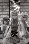  1boy 3girls animal_ears blonde_hair brown_hair cat_ears cat_tail censored chen cloud cloudy_sky commentary_request cover cover_page doujin_cover e-hentai_sample earrings fox_tail full_moon gap_(touhou) glowing glowing_eyes greyscale hair_in_own_mouth hands_on_own_head hat highres hoop_earrings image_sample indoors jewelry long_hair looking_at_viewer midori_(misuriru8) monochrome moon multiple_girls multiple_tails night red_eyes short_hair single_earring sky smile syringe tabard tail touhou translation_request yakumo_ran yakumo_yukari 