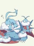  altaria animal_focus beak bird blue_skin claws closed_eyes closed_mouth cloud colored_skin commentary_request evolutionary_line fangs fluffy highres iie_efg musical_note no_humans open_eyes pokemon pokemon_(creature) salamence simple_background sleeping swablu white_background wings 