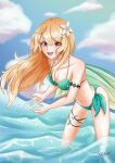  1girl bare_shoulders bikini blonde_hair blue_sky breasts cleavage cloud collarbone day green_bikini highres long_hair looking_at_viewer nijisanji nijisanji_en open_mouth outdoors pantyhose pointy_ears pomu_rainpuff sky smile solo standing swimsuit upper_body virtual_youtuber water wet 