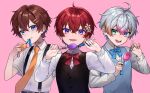  3boys absurdres ahoge blue_eyes blush bow bowtie brown_hair character_request commentary_request copyright_request cord_pull crime_prevention_buzzer green_eyes heterochromia highres looking_at_viewer male_focus multicolored_hair multiple_boys nanin necktie pink_background purple_eyes red_hair shirt shukusei!!_loli-gami_requiem streaked_hair sweater_vest white_shirt 