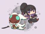  1boy 1girl :3 black_hair chibi closed_eyes closed_mouth dark-skinned_male dark_skin facial_mark forehead_mark fox_tail grey_background holding holding_sword holding_weapon kotorai kunimitsu_ii multicolored_hair ponytail purple_eyes purple_scarf scarf simple_background streaked_hair sword tail tekken tentacles weapon yoshimitsu_(namco) 