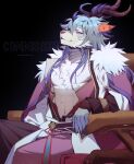  1boy abs bare_pectorals black_background blue_eyes blue_hair claws commission dragon_boy dragon_ears dragon_horns english_commentary furry furry_male highres horns juan_yun_(sdorica) looking_at_viewer male_focus mmorroxzks on_chair pectorals sdorica sitting smile twitter_username 