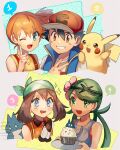  +_+ 1boy 3girls ;d ash_ketchum bangs baseball_cap black_hair blue_eyes blue_jacket blush_stickers brown_eyes brown_hair clenched_teeth commentary cupcake eyelashes flower food gen_1_pokemon gen_4_pokemon gloves green_bandana green_eyes green_hair grin hair_between_eyes hair_flower hair_ornament hat highres holding holding_tray index_finger_raised jacket kash-phia mallow_(pokemon) may_(pokemon) misty_(pokemon) mouth_drool multiple_girls munchlax on_shoulder one_eye_closed open_mouth orange_hair pikachu pokemon pokemon_(anime) pokemon_(classic_anime) pokemon_(creature) pokemon_dppt_(anime) pokemon_on_shoulder pokemon_sm_(anime) pokemon_swsh_(anime) shirt short_hair sleeveless sleeveless_jacket smile spoken_number suspenders swept_bangs t-shirt teeth tongue tray twintails upper_teeth v white_shirt yellow_shirt 