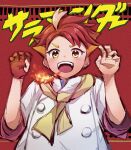  1boy brown_eyes buttons crispin_(pokemon) fire highres misowhite neckerchief pokemon pokemon_sv red_background red_hair shirt short_hair short_sleeves 