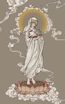  1girl barefoot bodhisattva chimera closed_eyes cloud dungeon_meshi falin_thorden feathered_wings full_body grey_background grey_hair halo highres korean_commentary long_sleeves lotus_pedestal on_flower robe severed_torso short_hair smile solo standing veil vkflsalto_1 white_robe white_veil wide_sleeves wings 