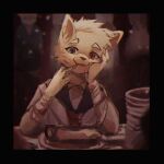  1boy bandaged_arm bandages blue_eyes bone eating facial_mark furry furry_male hand_on_own_cheek hand_on_own_face highres implied_cannibalism itooku looking_at_viewer multicolored_eyes original plate red_eyes red_scarf scarf school_uniform white_fur wolf_boy 