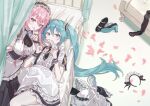  2girls absurdres alternate_costume apron ascot black_ascot black_skirt blue_eyes blue_gemstone blue_hair blue_nails dress_shirt enmaided finger_to_mouth frilled_skirt frills gem hair_between_eyes hatsune_miku highres index_finger_raised long_hair looking_at_viewer lying maid maid_headdress megurine_luka miniskirt multiple_girls nail_polish on_back on_side pink_hair shirt short_sleeves shushing skirt very_long_hair vocaloid vs0mr waist_apron white_apron white_shirt 