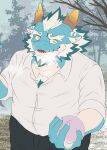 anthro blue_body body_hair chest_hair clawed_fingers dragon eyebrows food fruit hair hi_res horn kt0414143919 lifewonders male overweight peach_(fruit) plant qinglong solo thick_eyebrows tokyo_afterschool_summoners white_hair