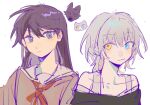  2girls bare_shoulders black_hair character_request copyright_request grey_hair heterochromia highres lingyi long_hair multiple_girls off-shoulder_sweater off_shoulder purple_eyes school_uniform short_hair sketch sweater tagme tank_top white_background 