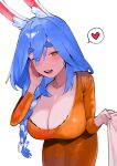  1girl animal_ear_fluff animal_ears blue_hair blush bow braid breasts cleavage clothes_grab collarbone commentary dismassd dress hair_between_eyes hair_bow hand_on_own_face heart highres hololive huge_breasts long_braid long_hair looking_at_viewer mature_female multicolored_hair open_mouth orange_dress orange_eyes pekomama rabbit_ears rabbit_girl simple_background speech_bubble teeth thick_eyebrows upper_teeth_only virtual_youtuber white_background white_bow white_hair 